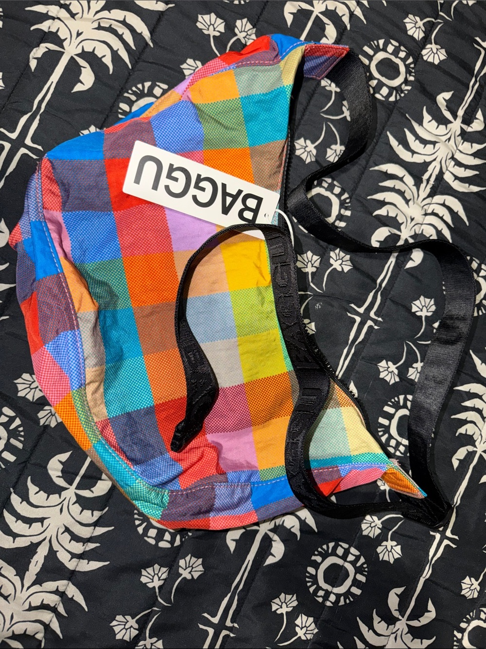 BAGGU crescent Rainbow Madras Checkered Tote with Bright Multicolor Squares